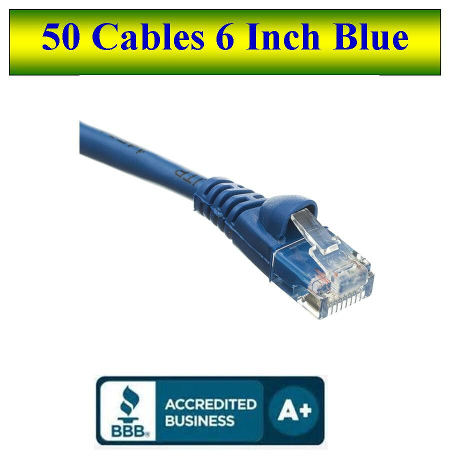 Pack of 50 Cables Snagless 6 inch Cat5e Blue Network Ethernet Patch Cable