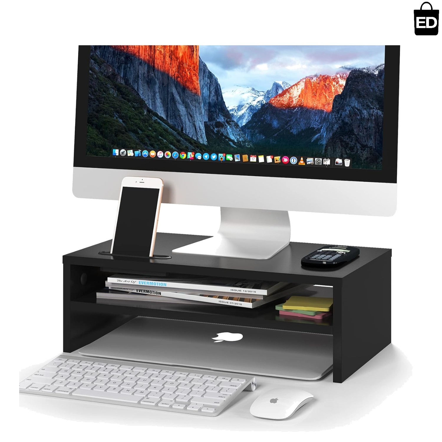 Elegant 2-Tier Black Wooden Desk Organizer with Phone Holder & Cable Management