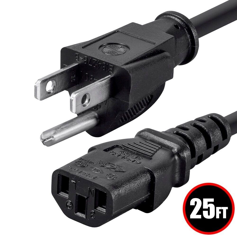 25FT 3-Prong US AC Power Cord Cable NEMA 5-15P To IEC320 C13 PC Monitor 18AWG