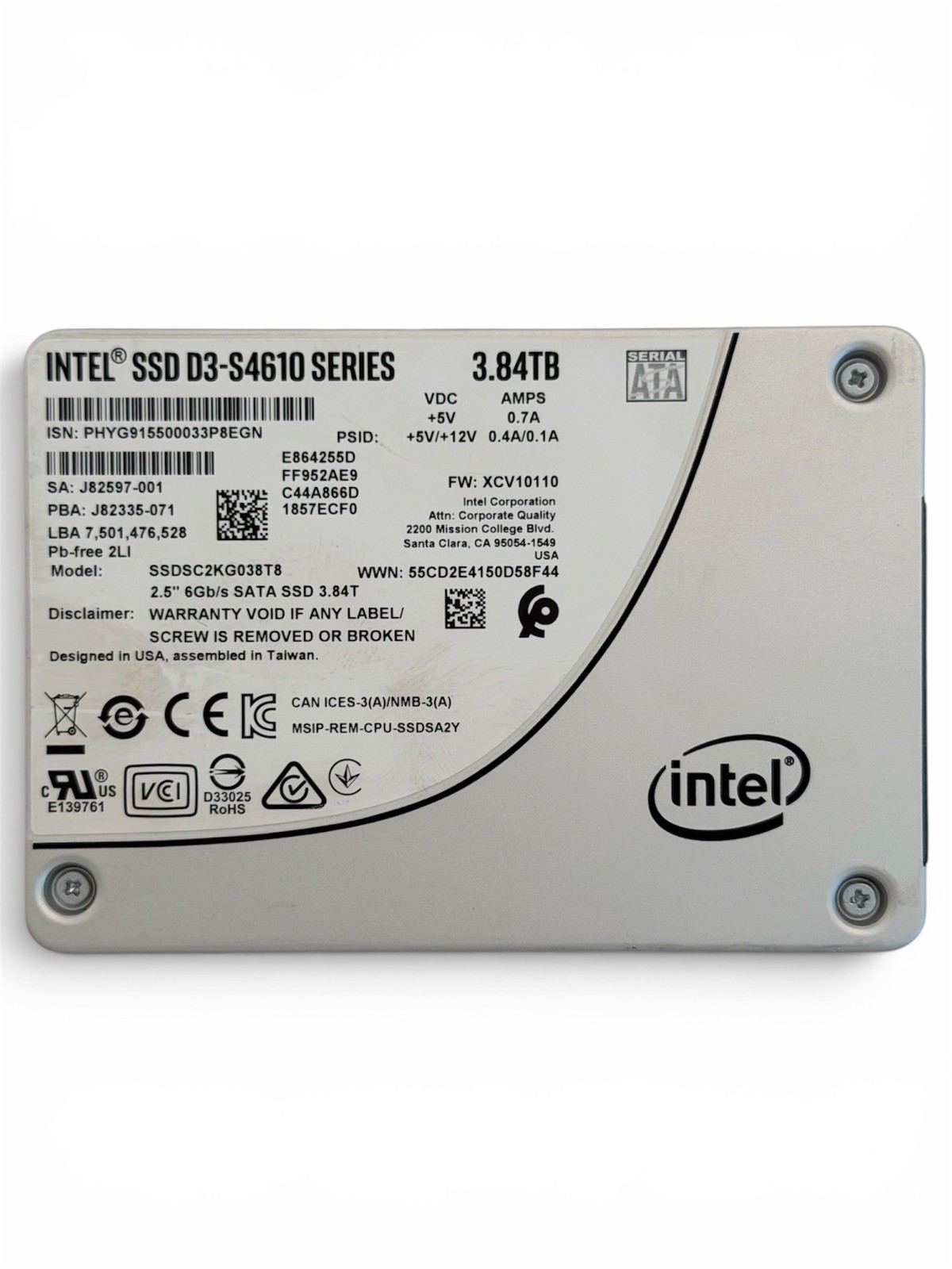 Intel D3-S4610 Series 3.84TB 2.5'' Internal SSD SSDSC2KG038T8 98% HEALTH