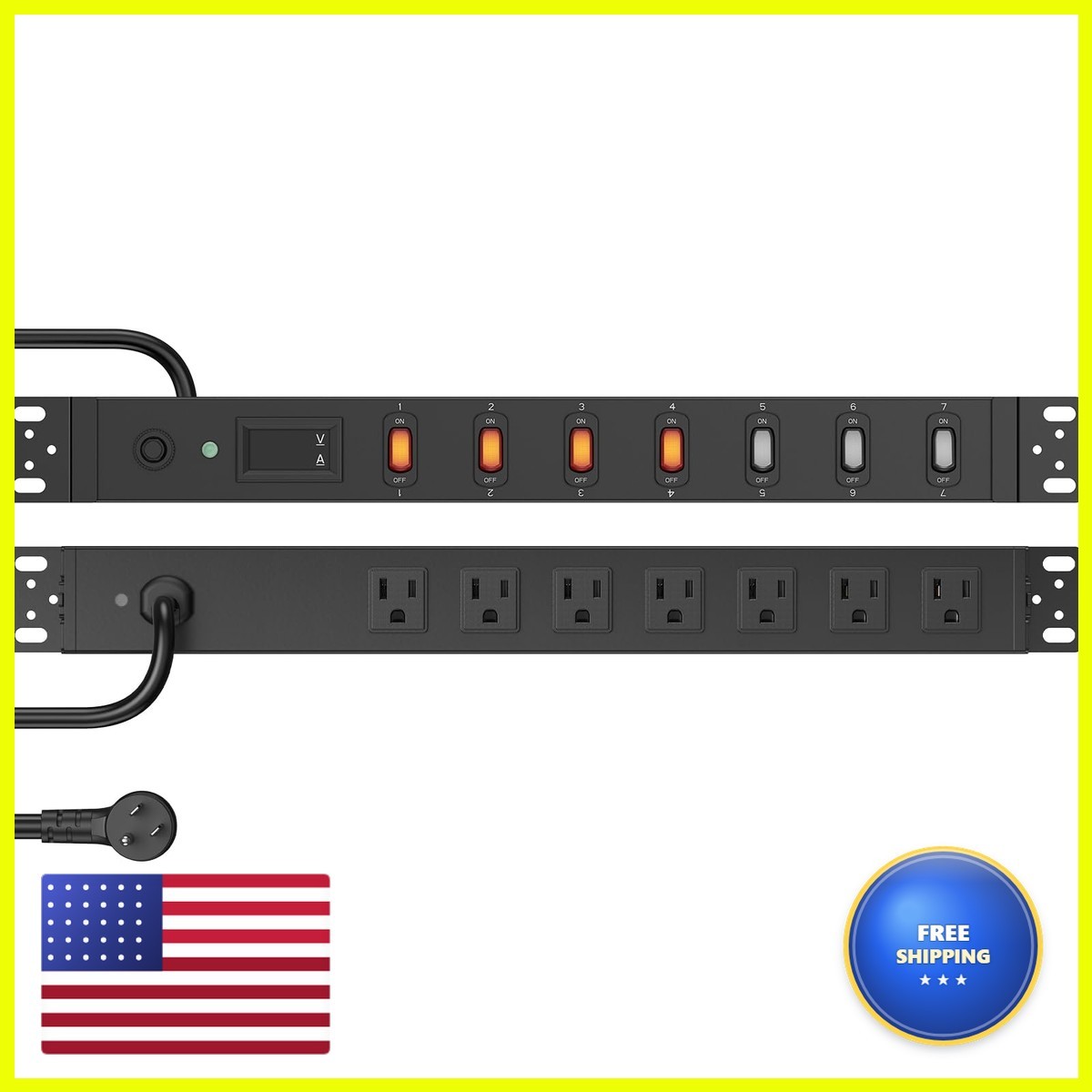 HHSOET 7 Outlet PDU Power Strip Digital Display, 1U, Black, 6FT, 1