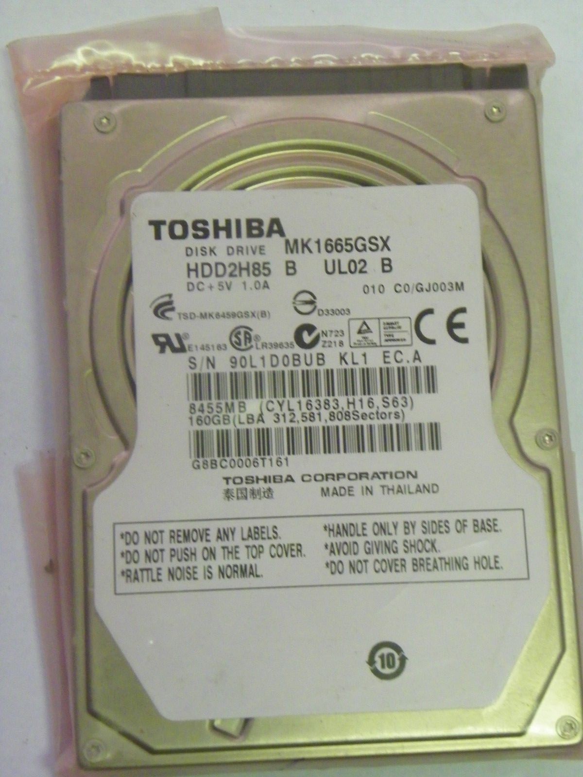 Toshiba MK1665GSX (HDD2H85  B UL02 B) 010 C0/GJ003M 160GB 2.5" SATA Hard Drive