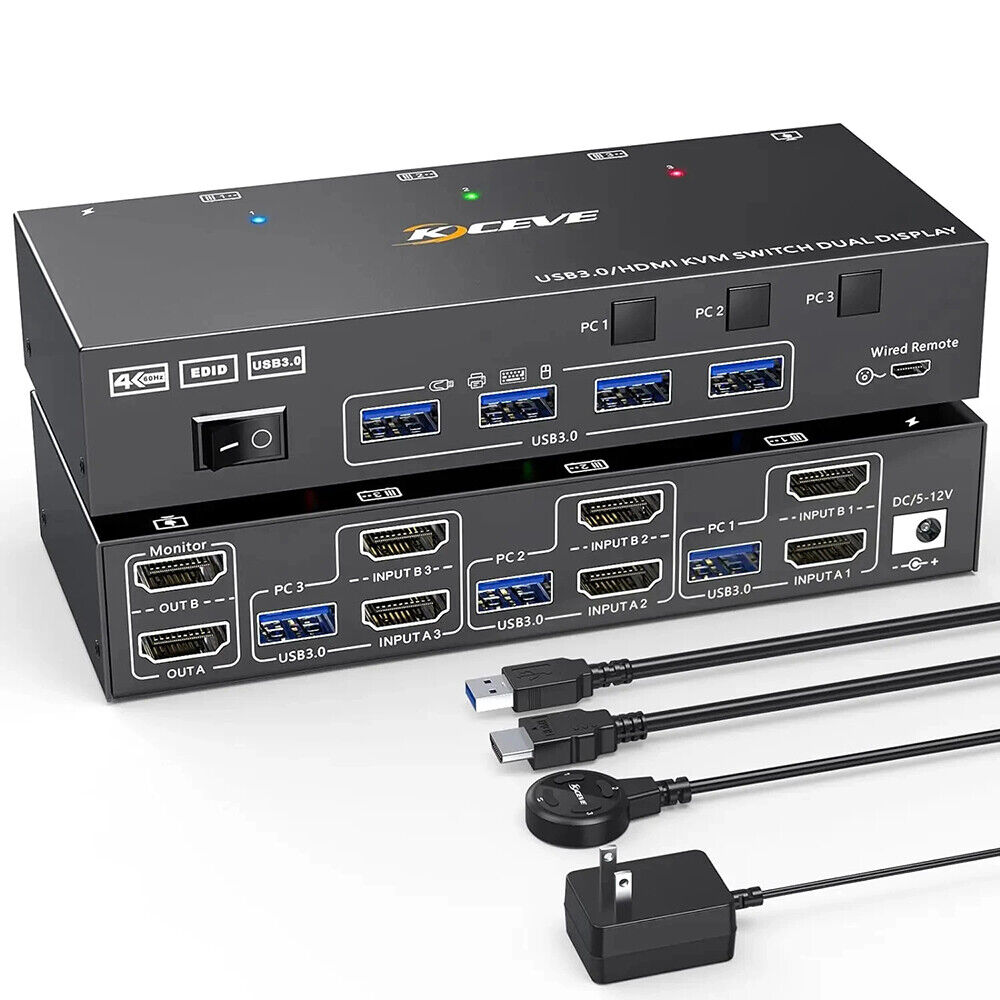 Dual Monitor USB 3.0 HDMI KVM Switch 2x2 4K 60Hz KVM Switch 3Computers 2Monitors