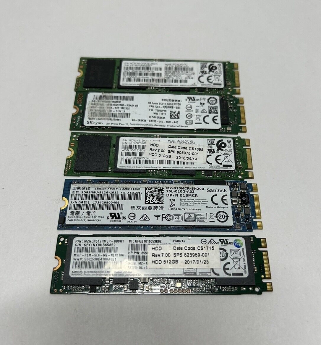 Lot of 5 Mixed Major Brands 512GB M.2 SATA 80mm Solid State Drive - Tested