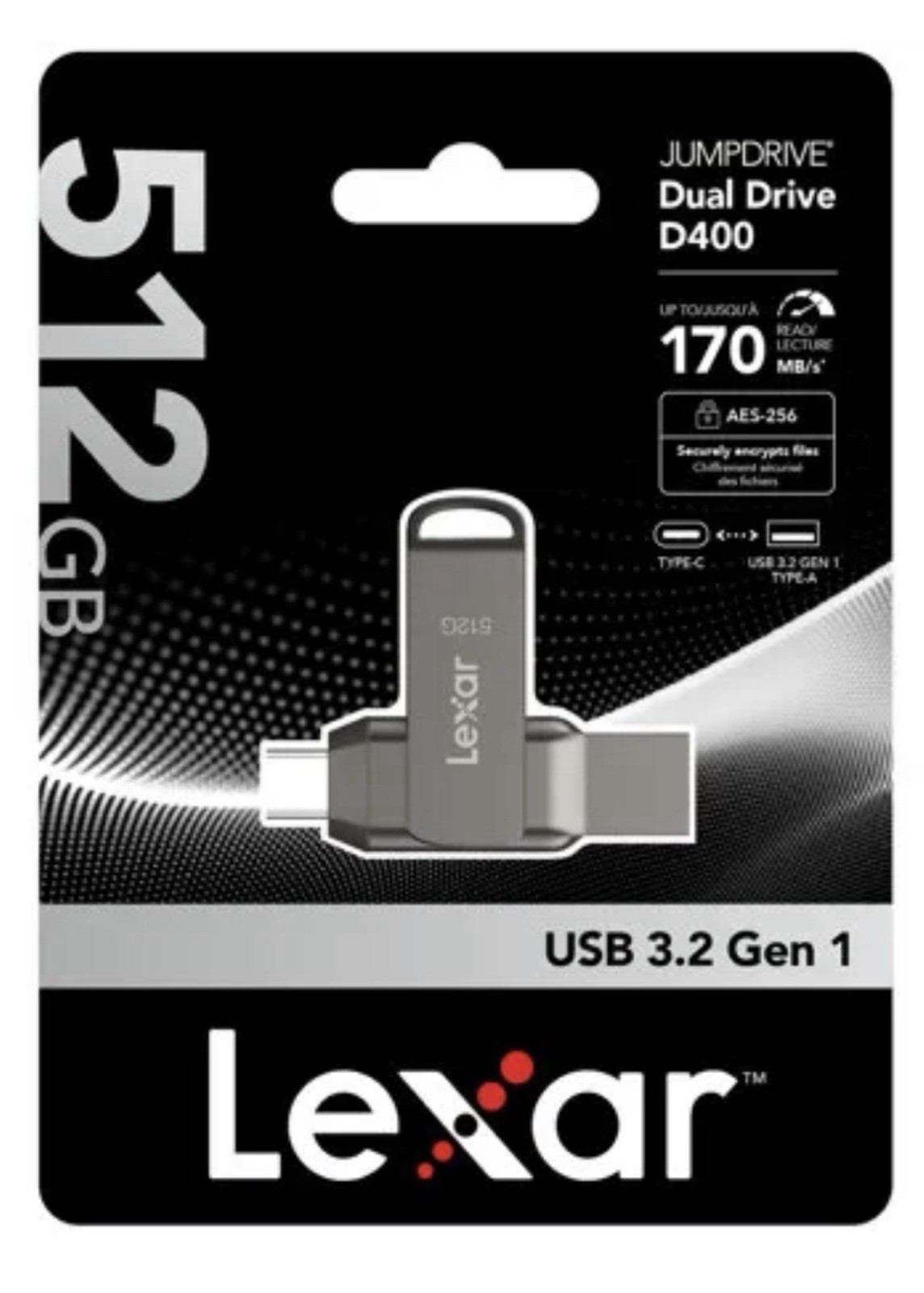 Lexar 512GB JumpDrive Dual Drive D400 USB 3.2 TypeC & Type-A Flash Drive 170 MBs