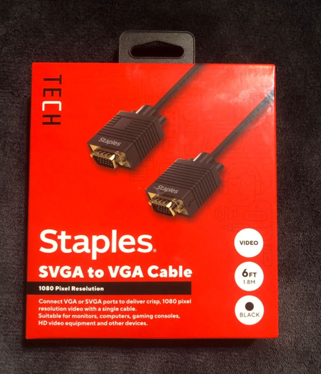 Staples TECH - 6 ft. SVGA to VGA Audio/Video Cable, Male to Male - Black