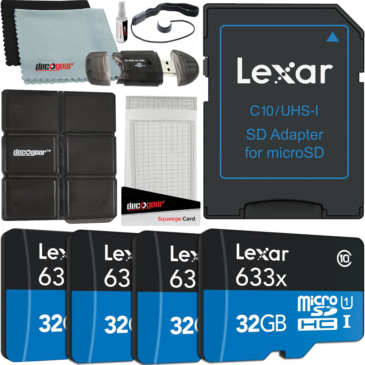 Lexar 4 Pack 32GB (128GB Total) MicroSDHC UHS-I Memory Cards + SD Adapter Bundle