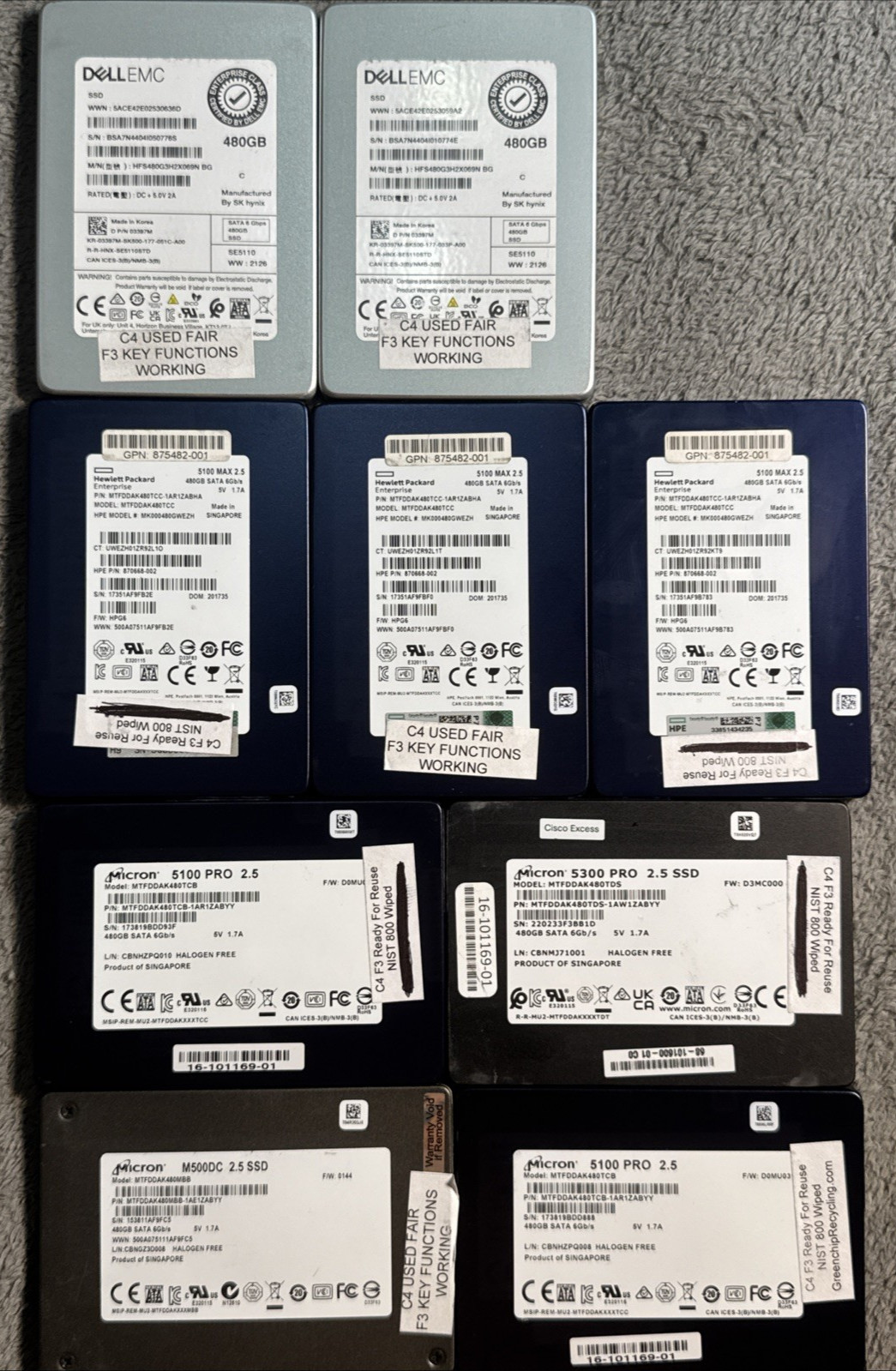 Mixed Lot Micron 5100 MAX 480GB SATA 6Gb/s 2.5" SSD MTFDDAK480TCC enterprise