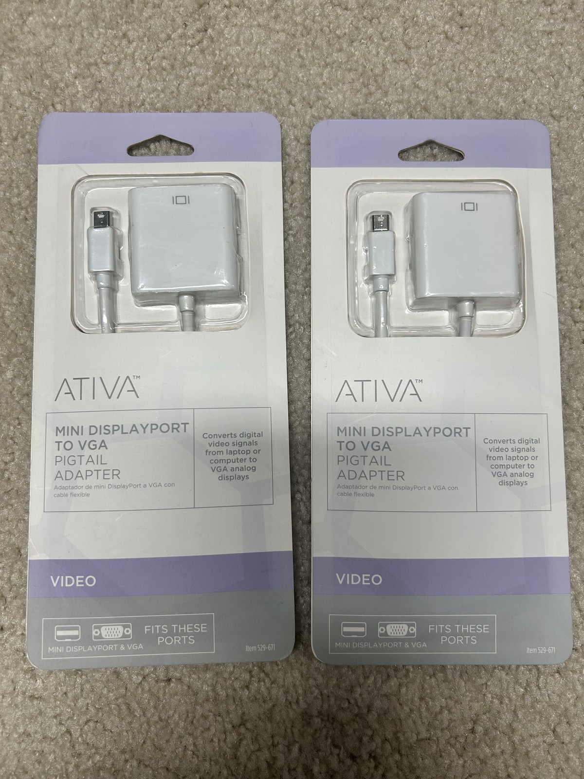 2-Pack Ativa Mini DisplayPort to VGA Pigtail Adapter Converter White 529-671
