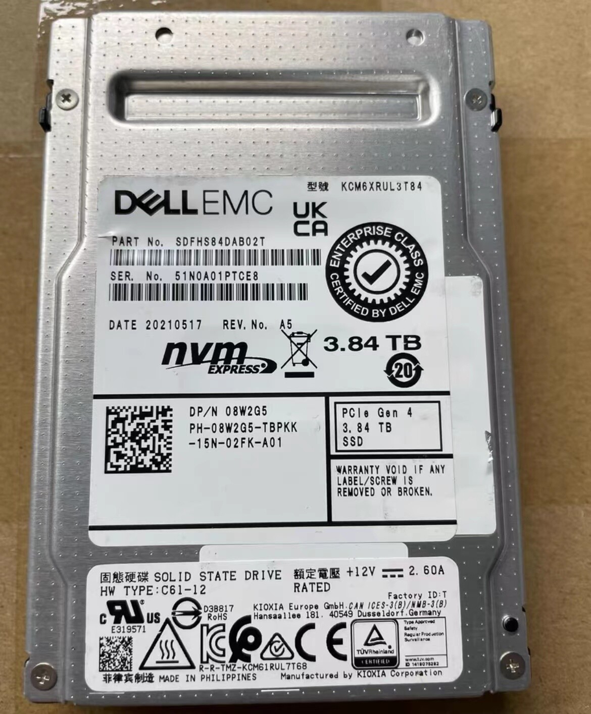 3.84TB SSD CM6 compatible DELL U2 NVME KCM6XRUL3T84 08W2G5 PCIe Gen 4 EMC Drive