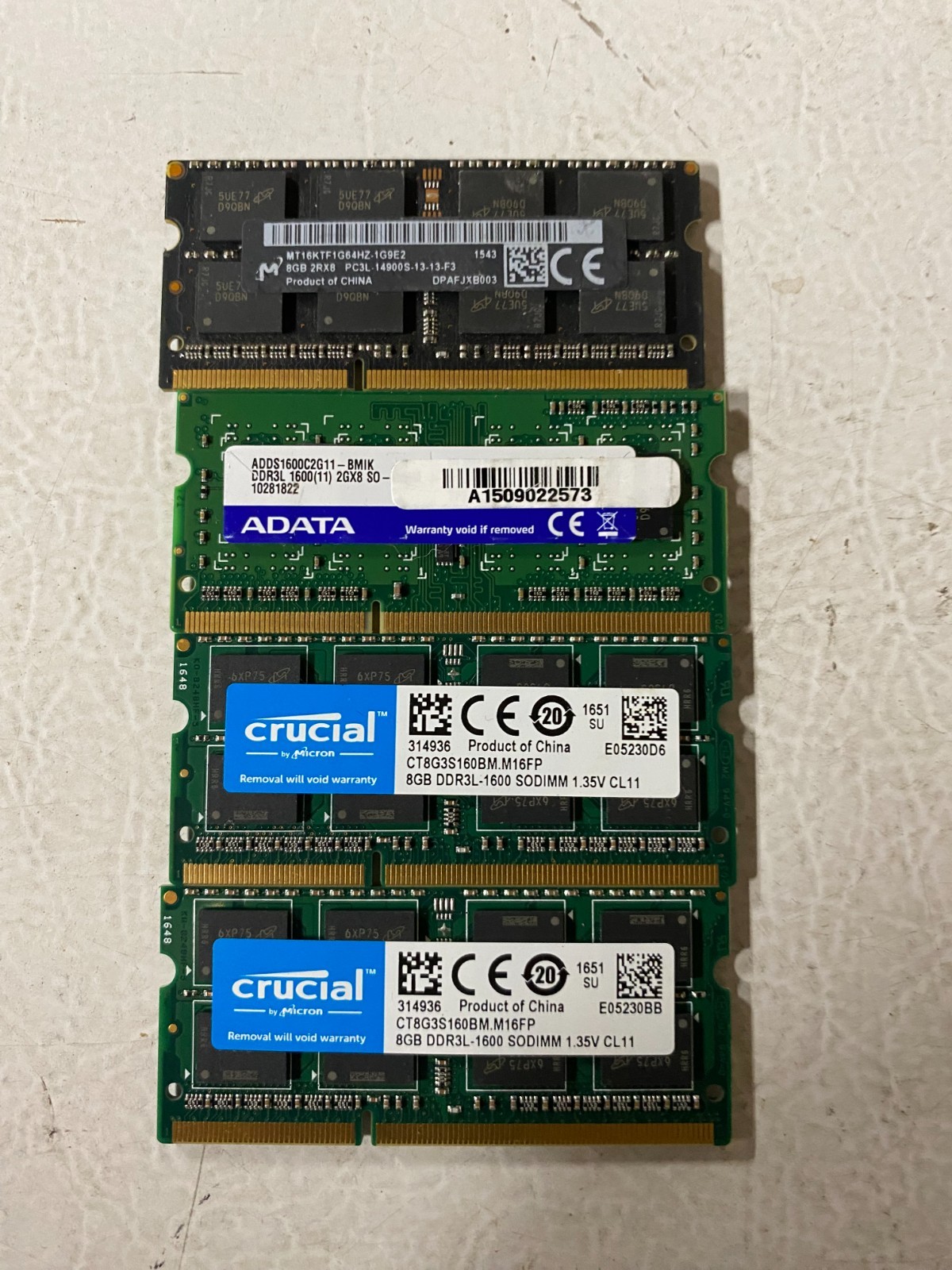 Lot of 4 MIXED Brands/Speeds 8GB DDR3L 1600MHz SODIMM Laptop RAM
