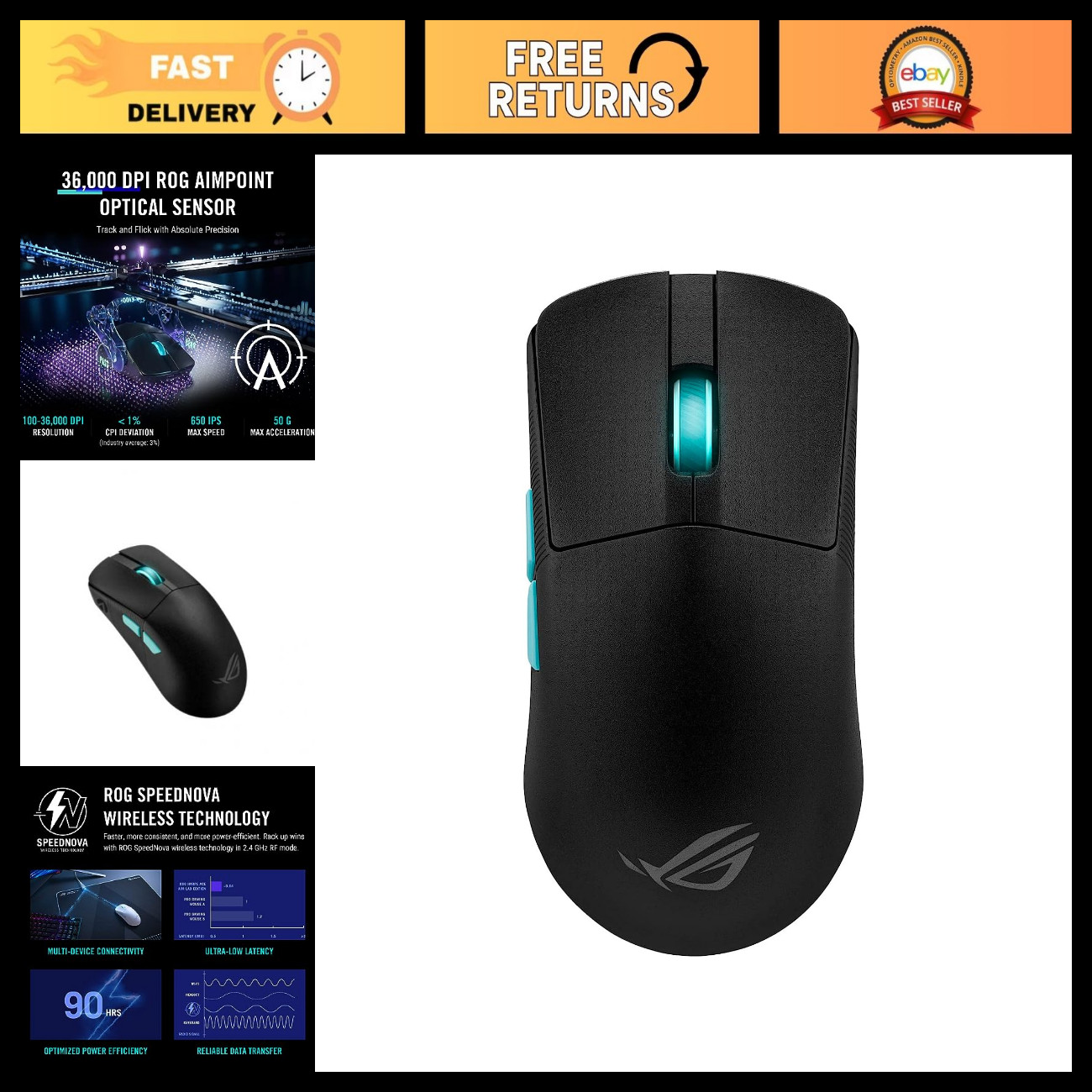 Wireless Esports Gaming Mouse - Lightweight 54g, 36K DPI, Tri-Mode, 90Hr Battery