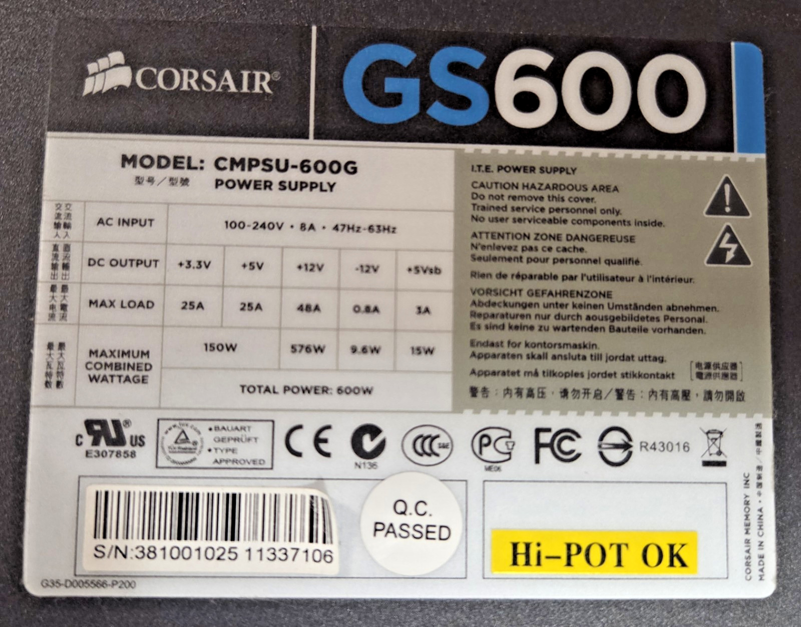 Corsair Gaming Series GS600 600W 80 PLUS Bronze Certified Power Supply