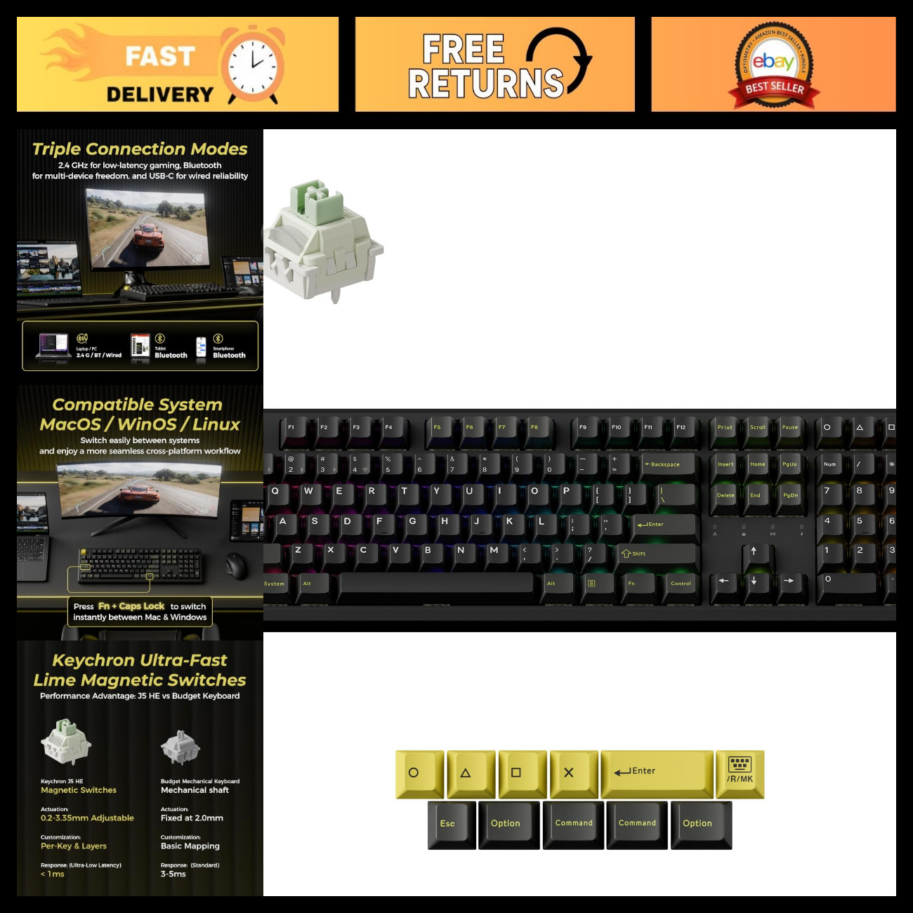 Wireless Hall Effect Gaming Keyboard - 107-Key Full Size, RGB Backlit, Mechanica