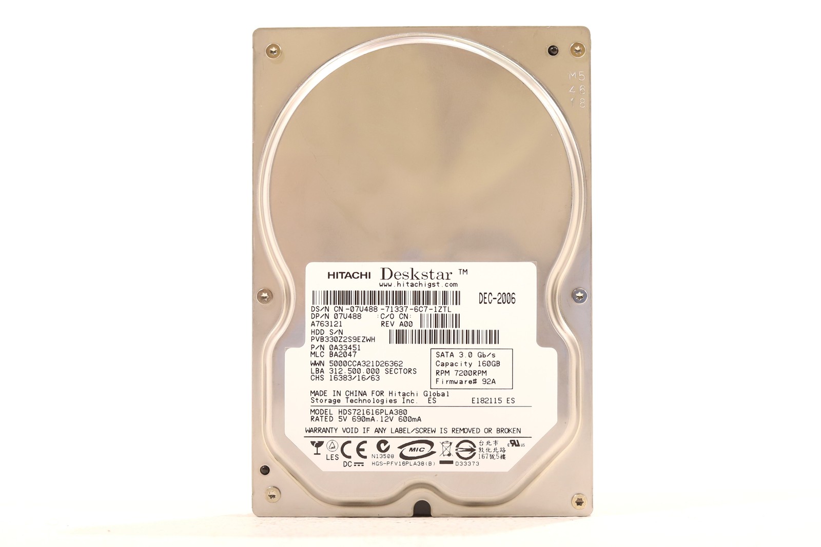 Hitachi HDS721616PLA380 160GB 3.5" 3Gb/s 8MB 7.2K RPM SATA Hard Drive P/N:07U488