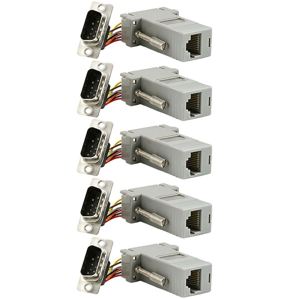 5x Serial RS232 DB9 Male to RJ45 Ethernet Adapter Connector Converter Extender