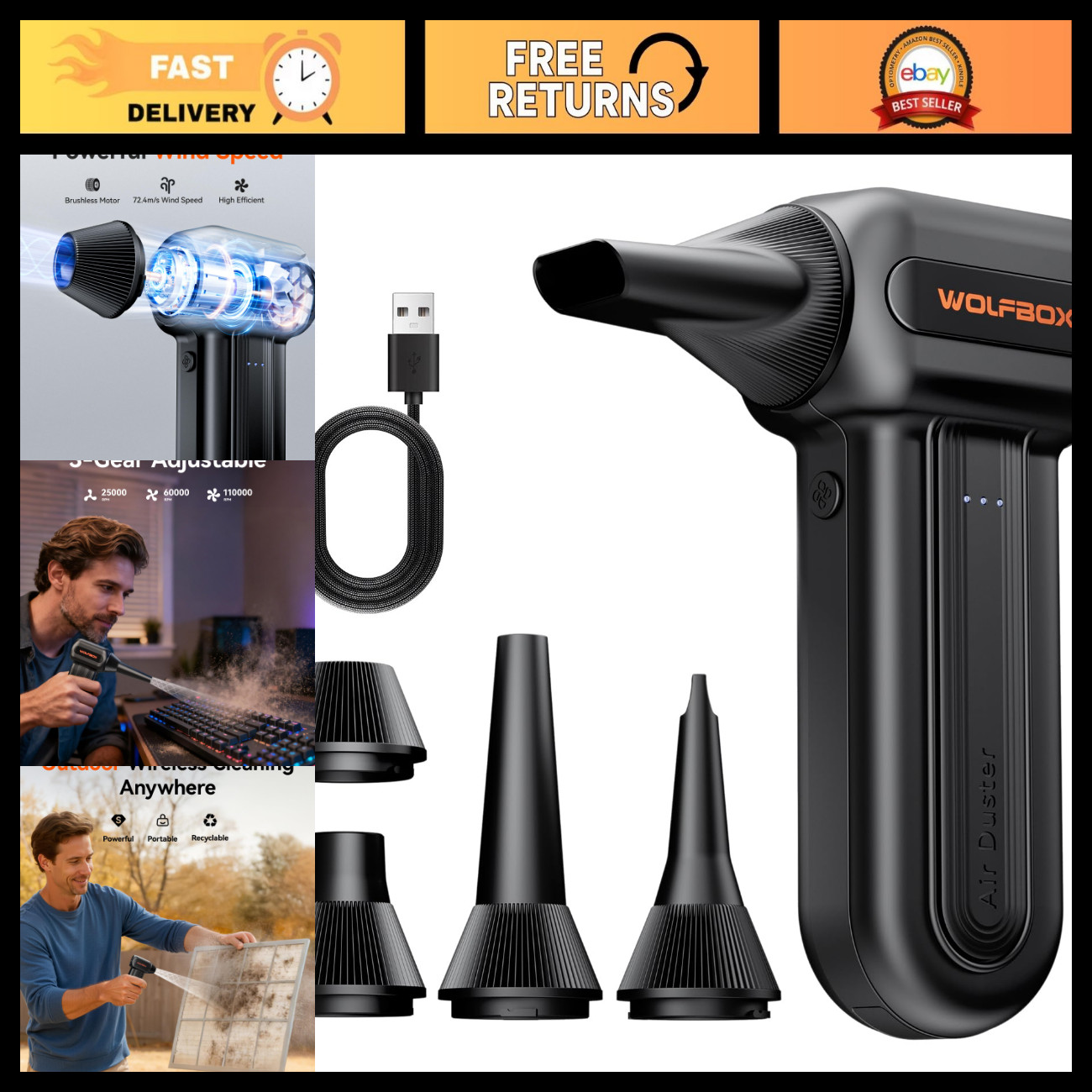 Cordless Electric Compressed Air Duster, 3-Speed Adjustable, Powerful Cleaning T
