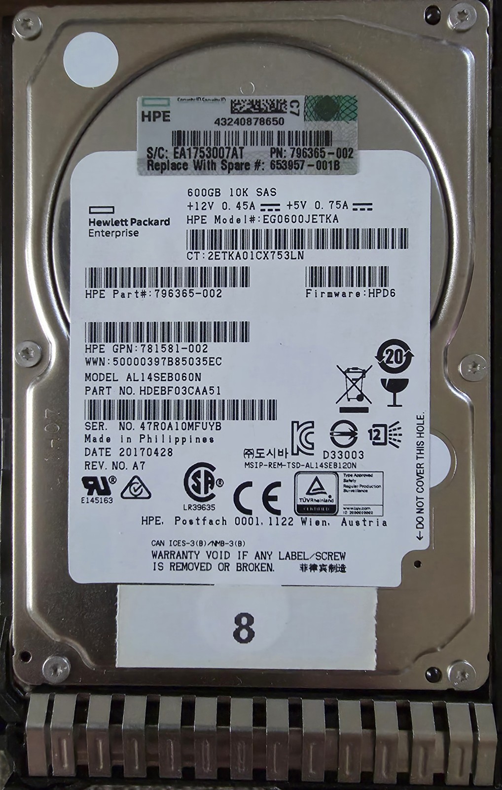 HP HPE 600GB 10K SAS 12G SFF 2.5" HDD w/Tray EG0600JETKA 796365-002 653957-001