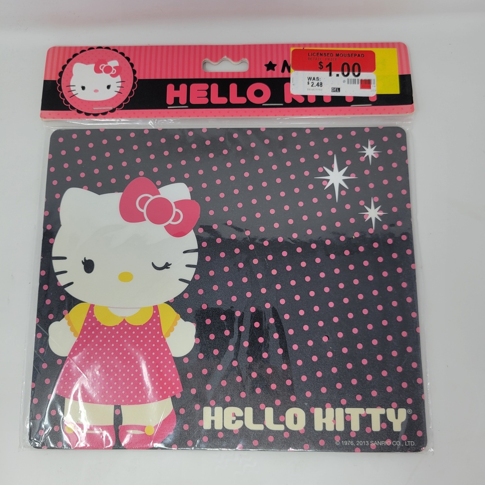 Hello Kitty Sanrio Mouse Pad Black Pink Polka Dot Winking 2013 Sakar NIP