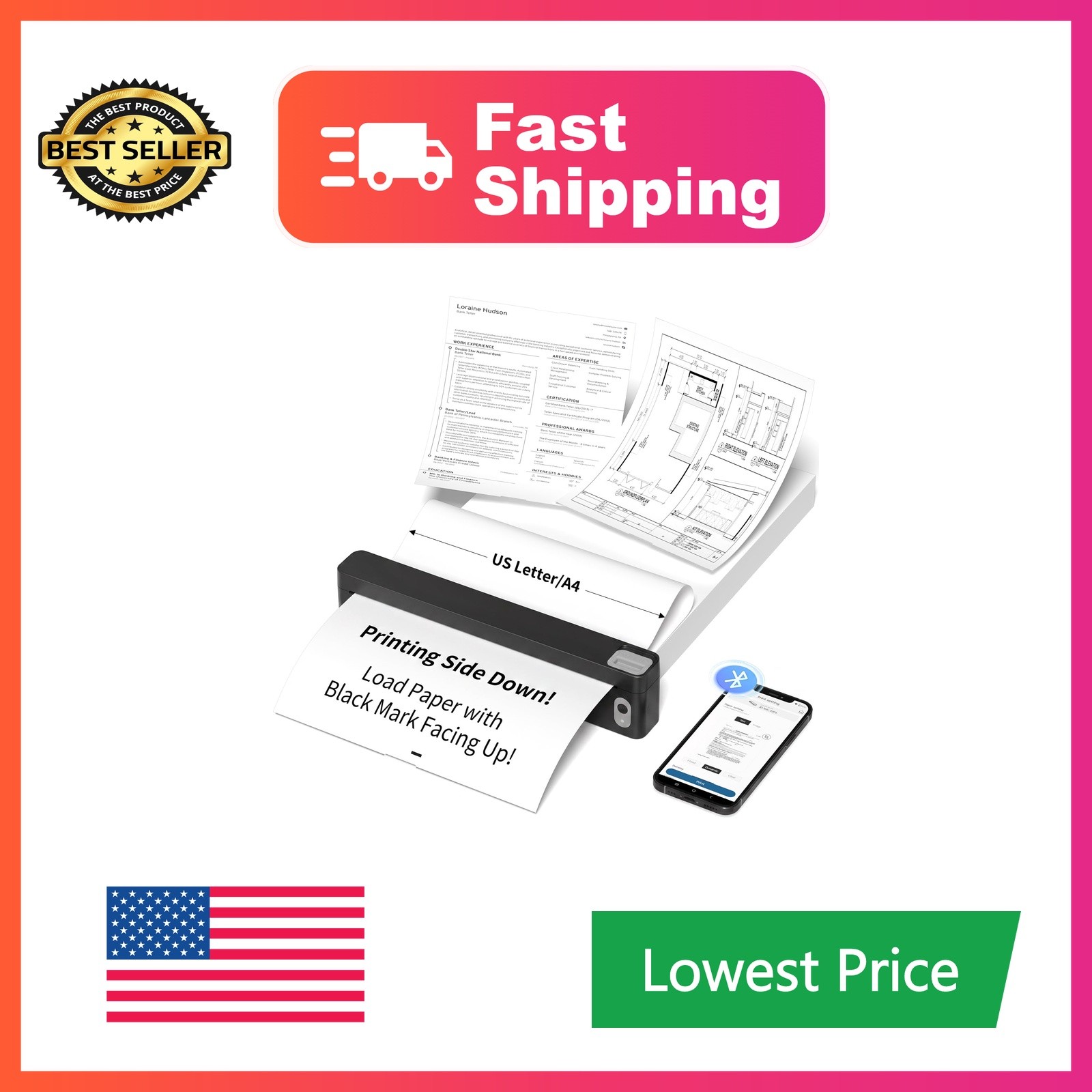 Jadens Portable Thermal Printer Bluetooth US Letter