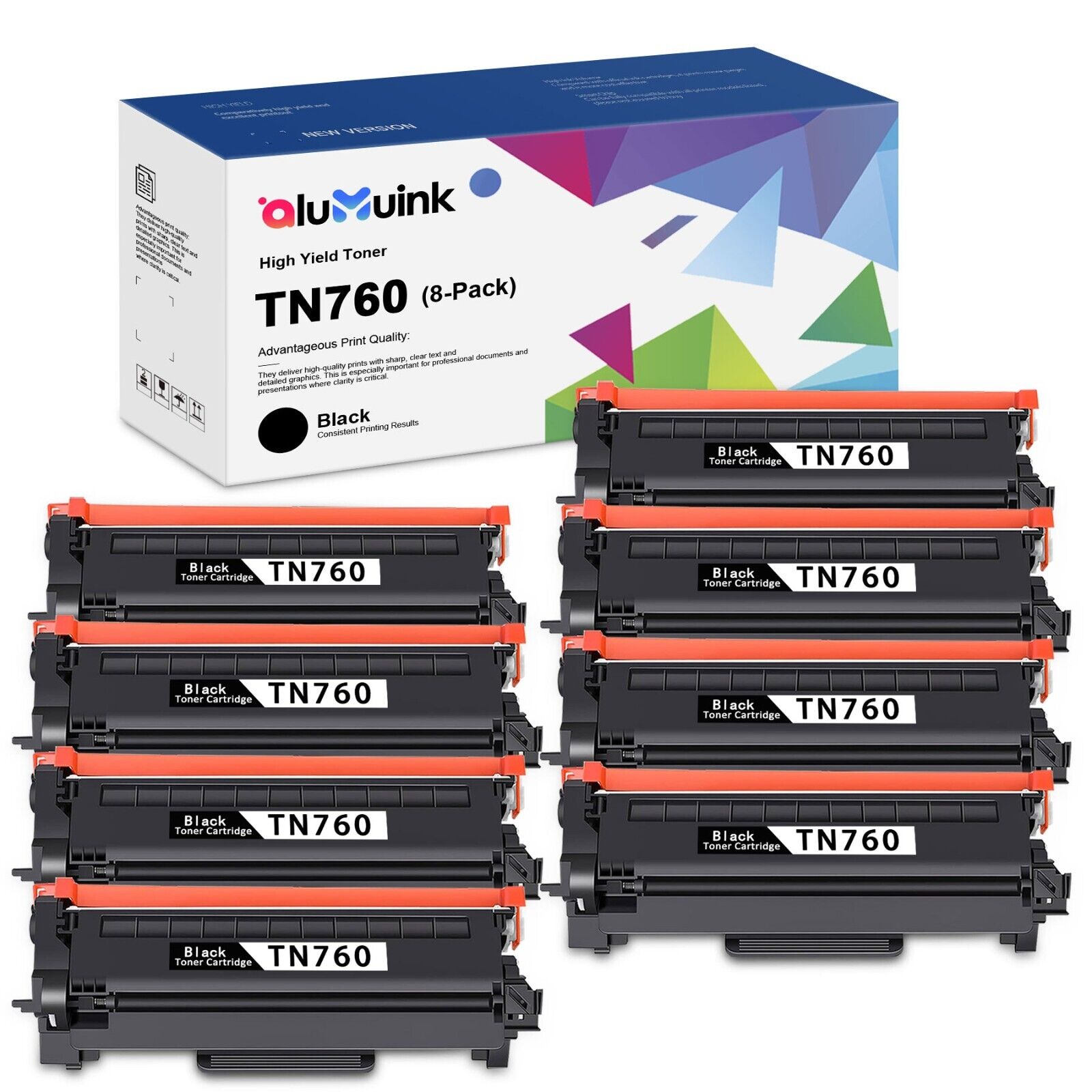 8 Pack TN760 Black Toner Replacement for Brother TN760 TN 760 HL-L2350DW