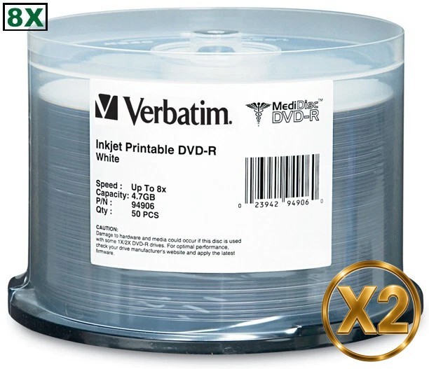 100-Pak Verbatim 4.7GB 8X MediDisc™ White Inkjet ARCHIVAL DVD-Rs, Verbatim 94906