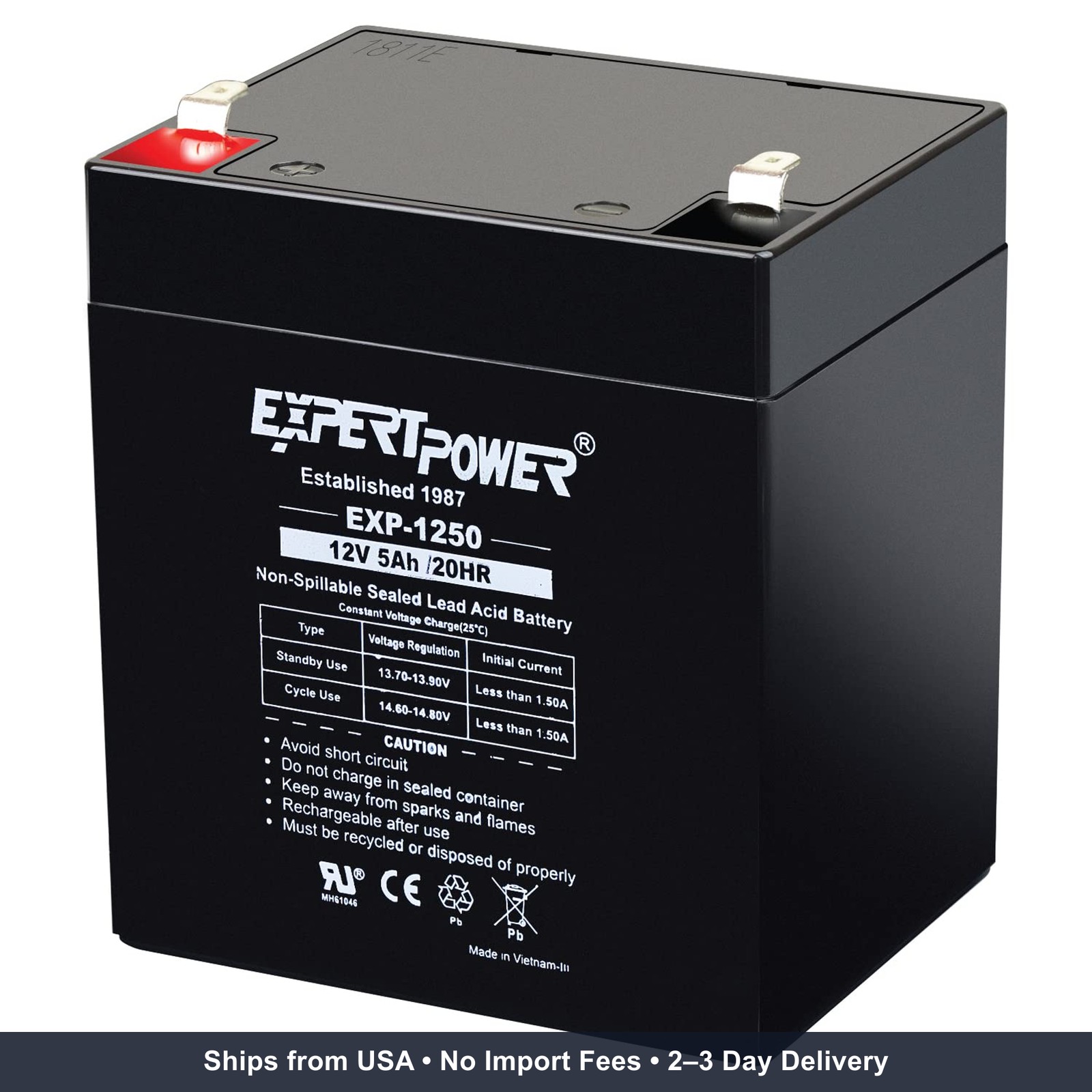 ExpertPower EXP1250, Rechargeable12V 5Ah UPS Battery with F1 Terminals | Sealed