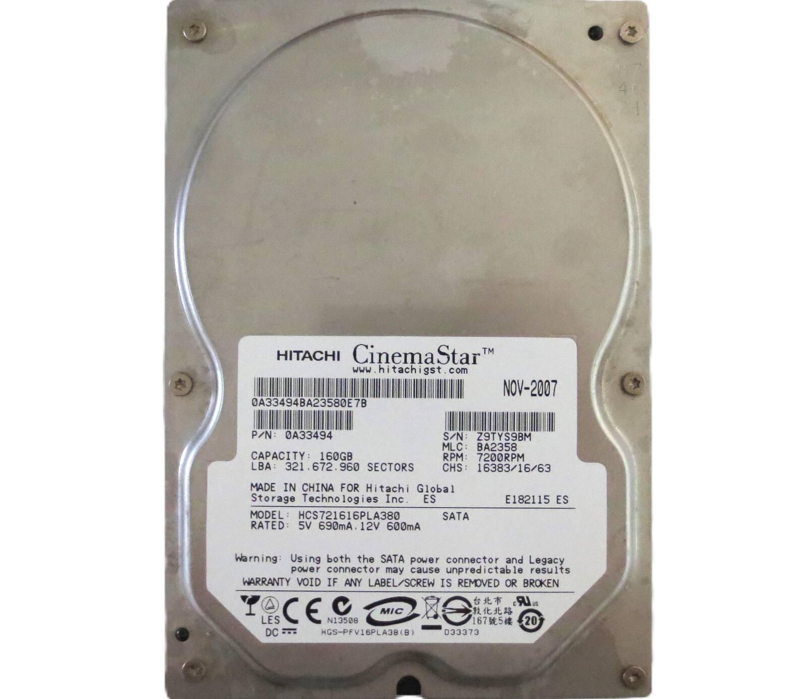 Hitachi HCS721616PLA380 0A33494 BA2358 (Z9T) China 160gb Sata 3.5" HDD NOV-2007