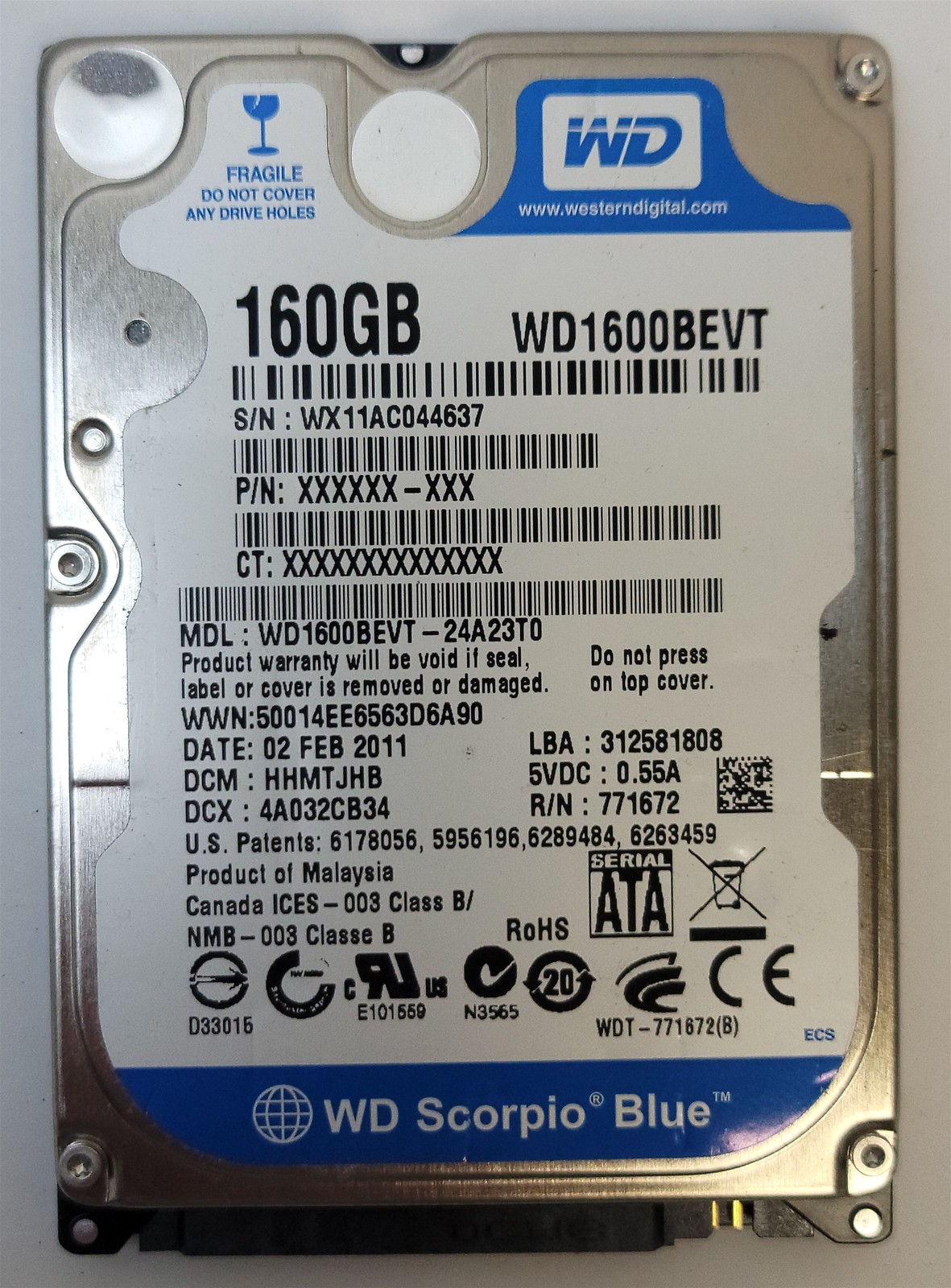 WD WD1600BEVT-24A23T0 HDD , 2.5" , 160GB, ATA8-ACS / SATA/300 , tested w/ pics