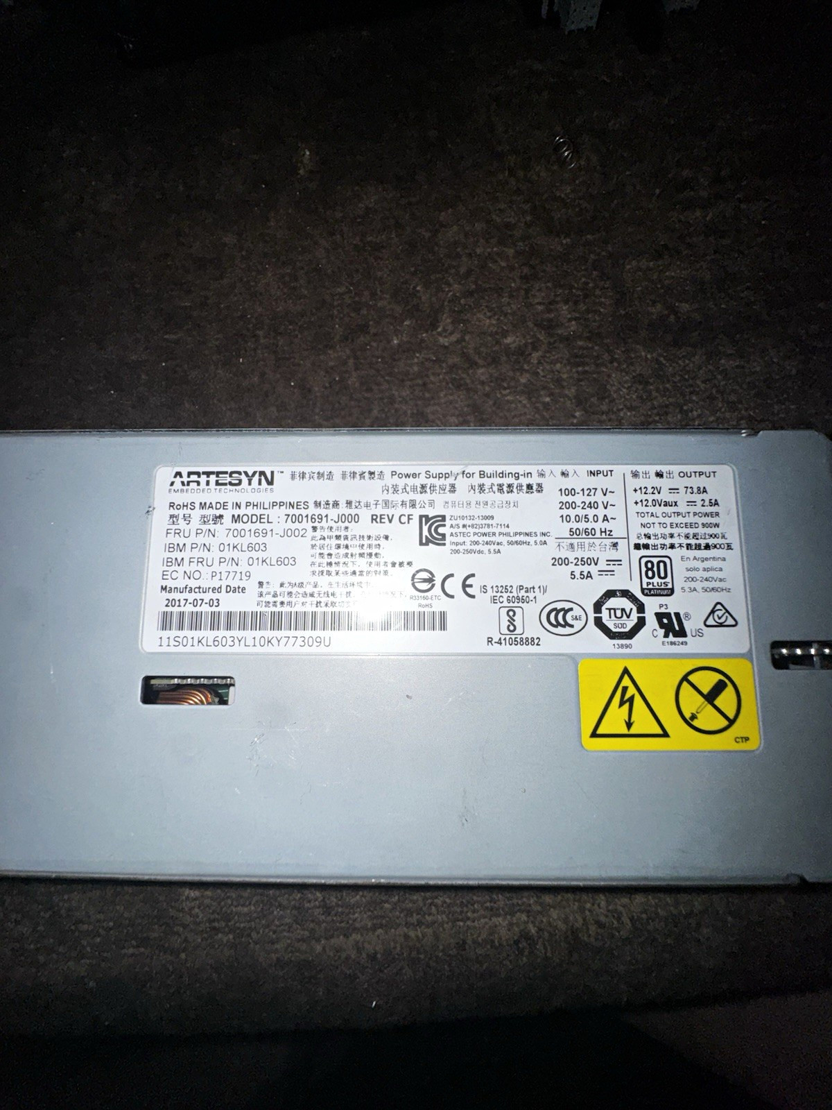 IBM 01KL603 Artesyn 7001691-J000 900W Hot-Plug Server PSU