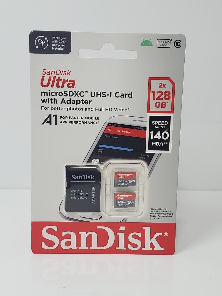 SanDisk Ultra 128GB microSDXC UHS-I A1 C10 140MB/s Memory Card 2 Pack Adapter