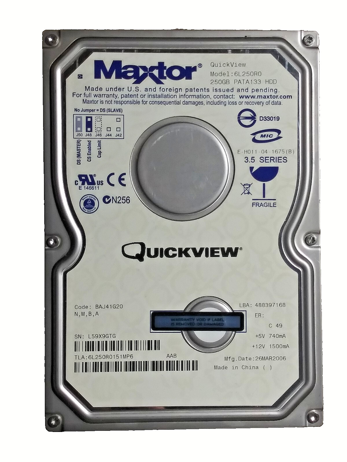 MAXTOR QuickView 6L250R0 250GB 7200 RPM PATA 133 HDD