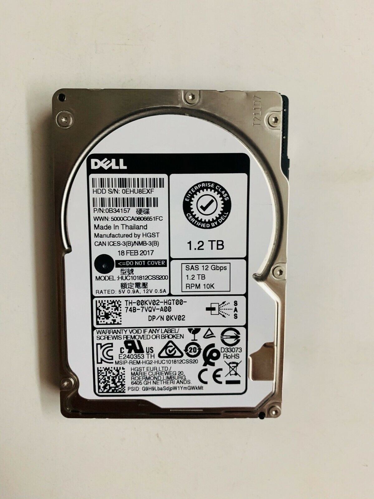 Dell 00KV02 0KV02 HUC101812CSS200 1.2TB 2.5" 10K 12Gb/s SAS HDD Hard Drive