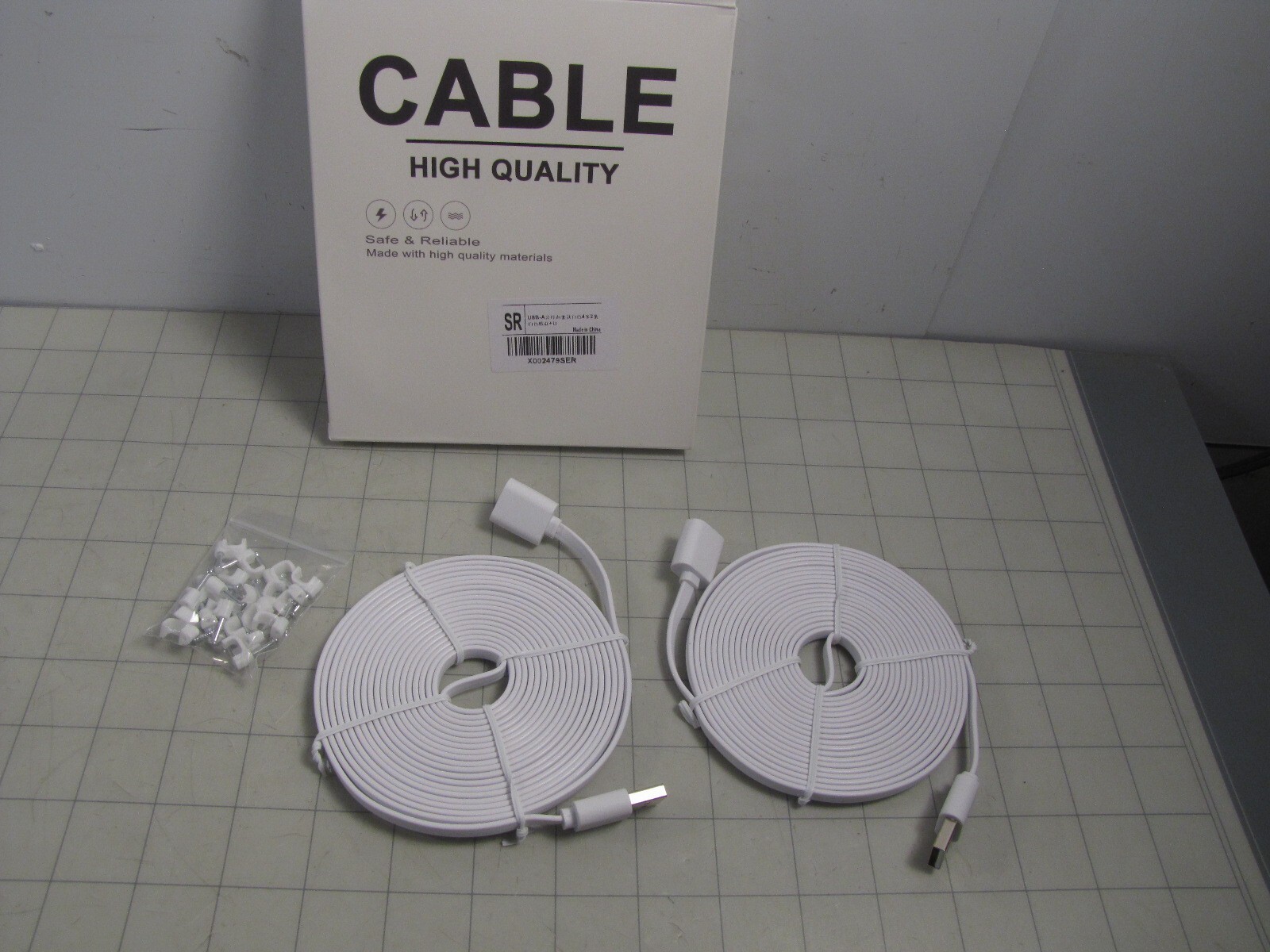 2-pcs USB-A Male to USB-A Female 15ft Flat Extension Cable w/ Mounting Staples