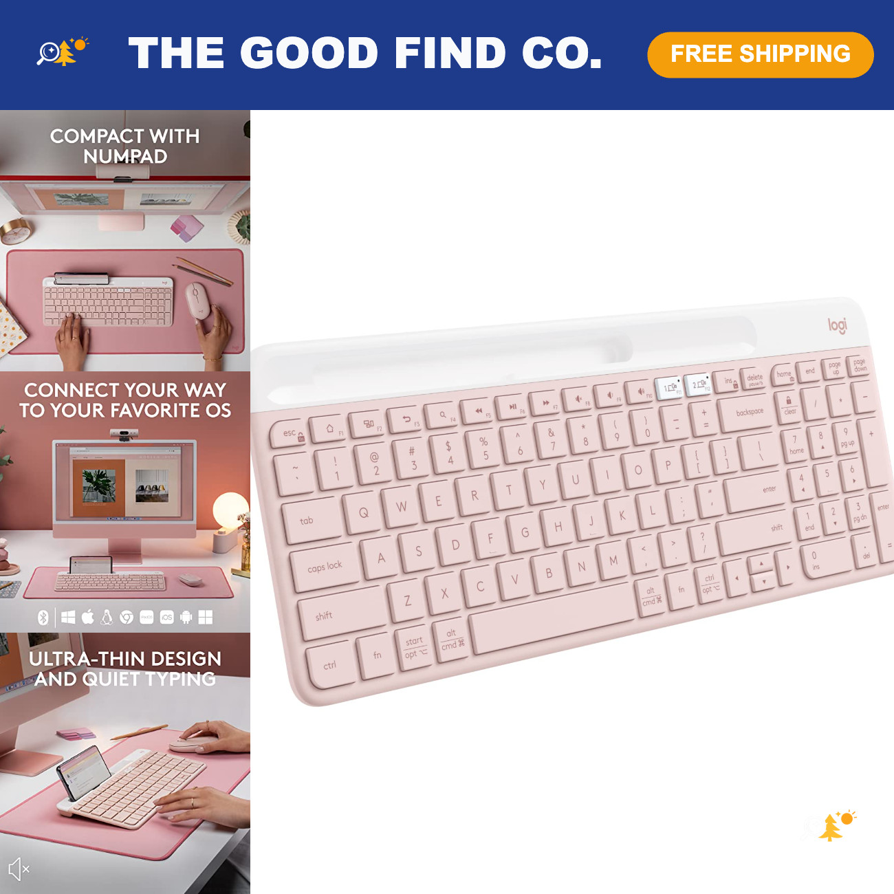 Slim Wireless Keyboard with Built-in Phone Cradle - Portable, Lightweight, Rose