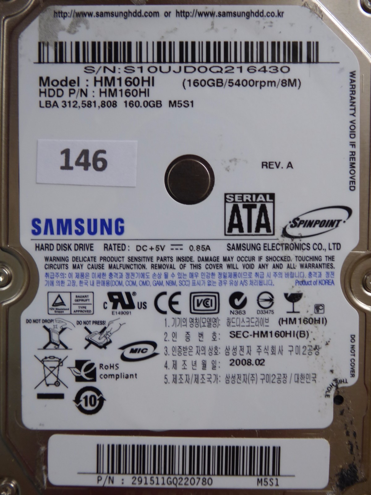 160GB Samsung HM160HI / 2008.02 / PCB: MANGO REV.03 #146