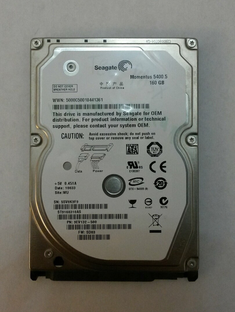 SEAGATE ST9160310AS 160GB SATA Laptop Drive P/N:9EV132-500 F/W:SD03 Site:WU