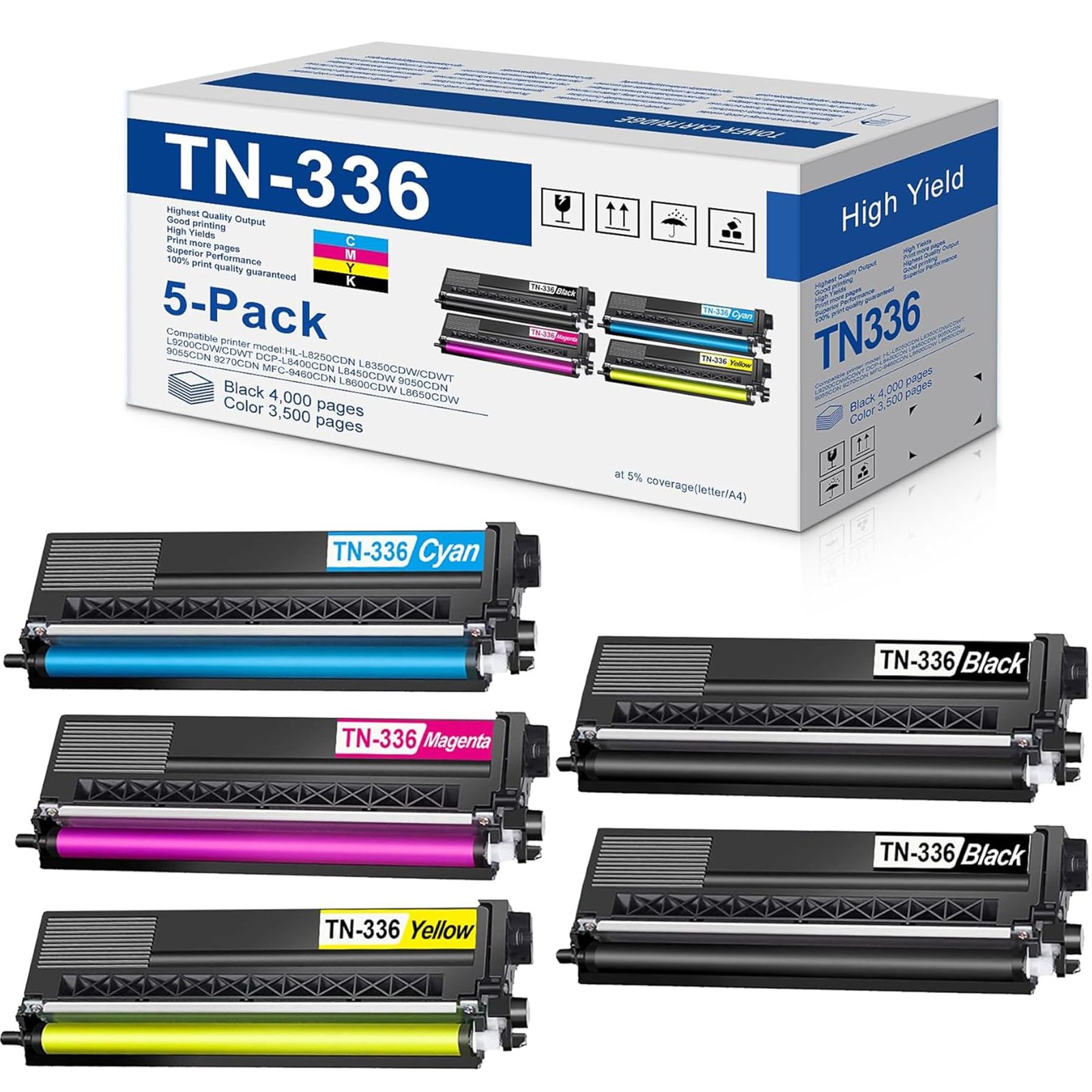TN-336 Toner Cartridge High Capacity (5-Pack, 2BK/1C/1M/1Y) for Brother HL-L9...