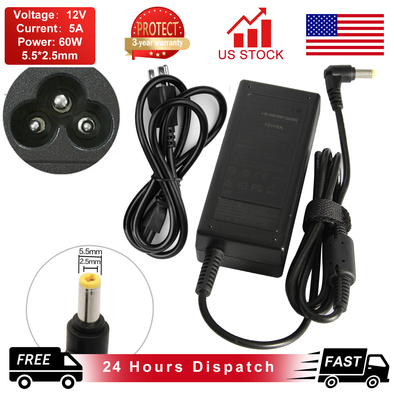 Netbook AC Power Supply Adapter DC 12 Volt 5 Amp (12V 5A) LCD Monitor Laptop us