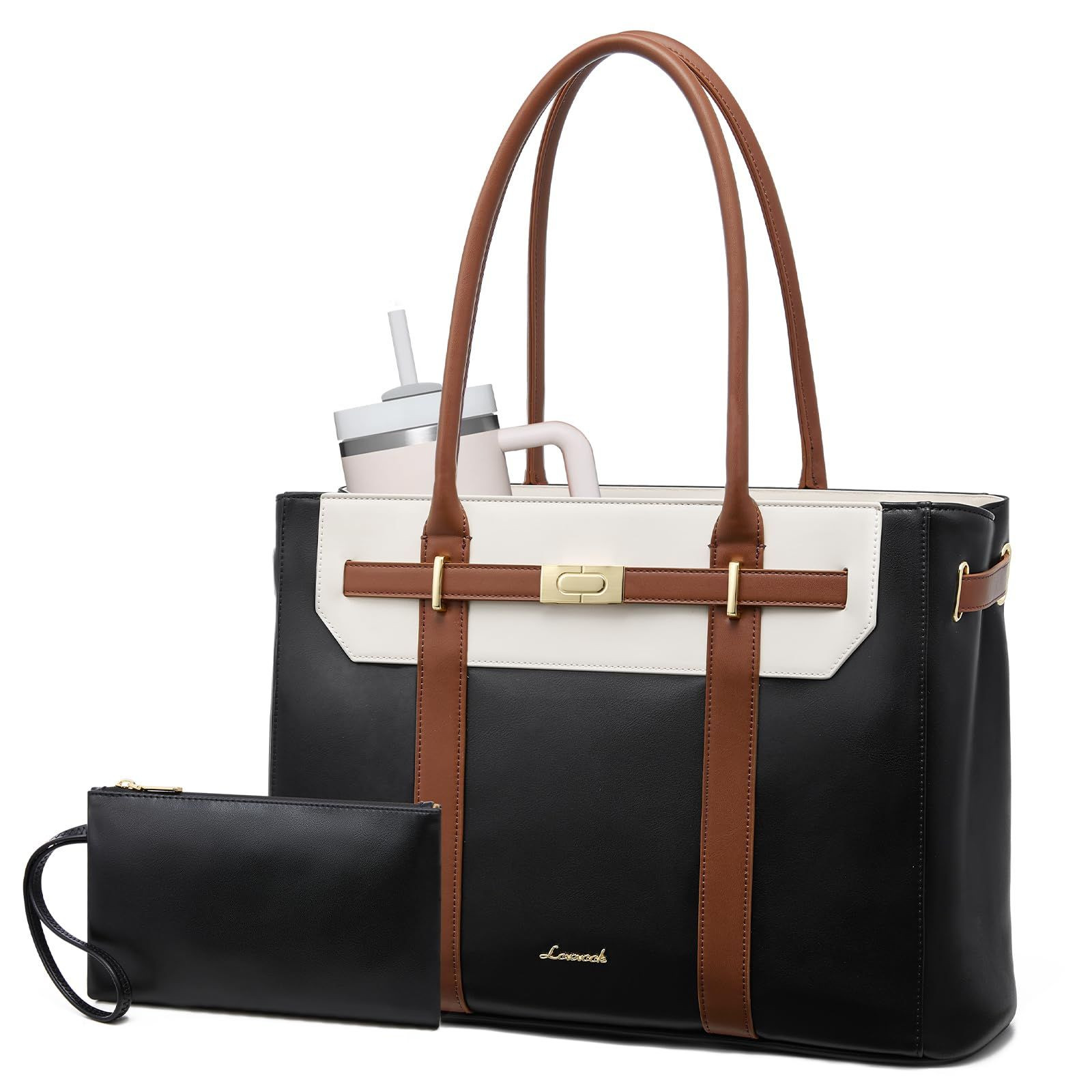LOVEVOOK Laptop Tote Bag for Women, 2-in-1 Work 15.6 Inch, Black-white-brown