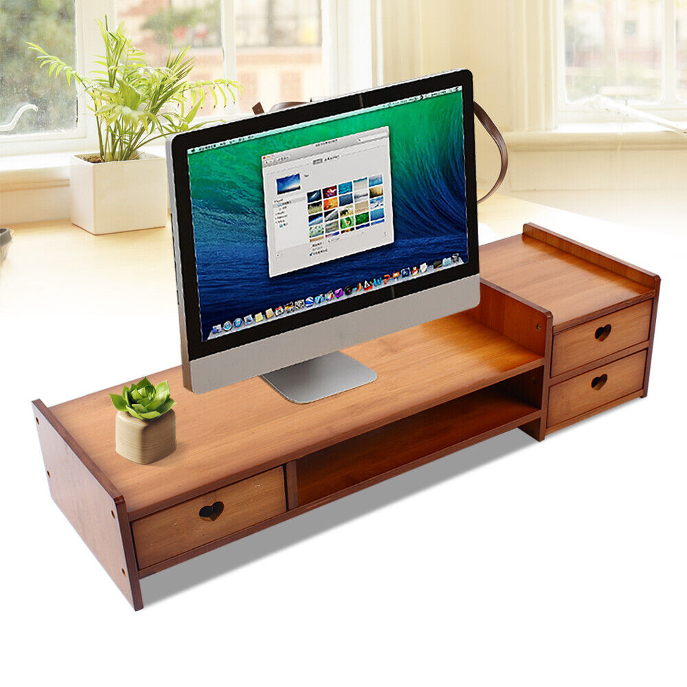 Sturdy Bamboo Wood Monitor Stand Riser With Drawer Desk Storage Organizer NEW
