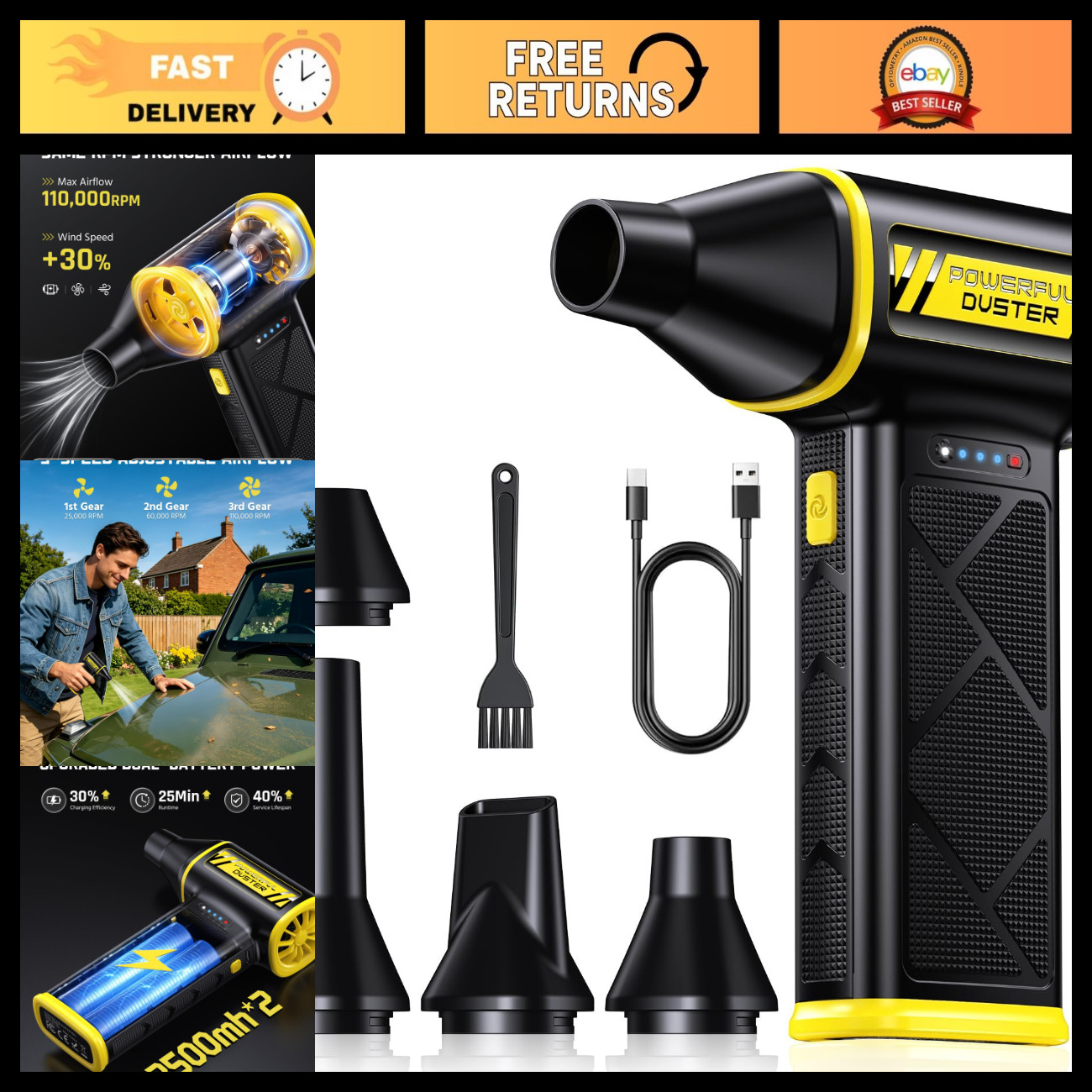 Ultra-Powerful Cordless Air Duster 110,000RPM - 3-Speed Rechargeable Dust Blower