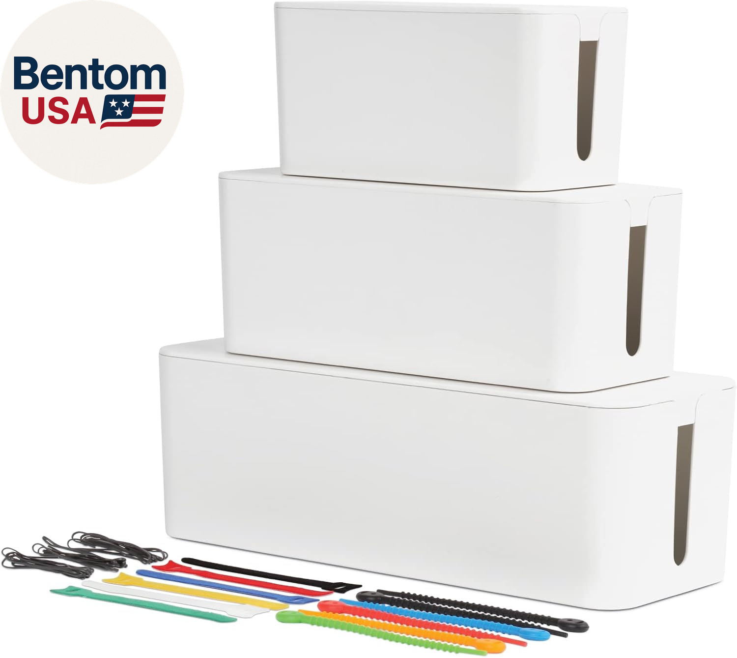 Cable Management Boxes, 3 Pack, Small, Medium, Large, 15 Cable Ties (Hook & Loop