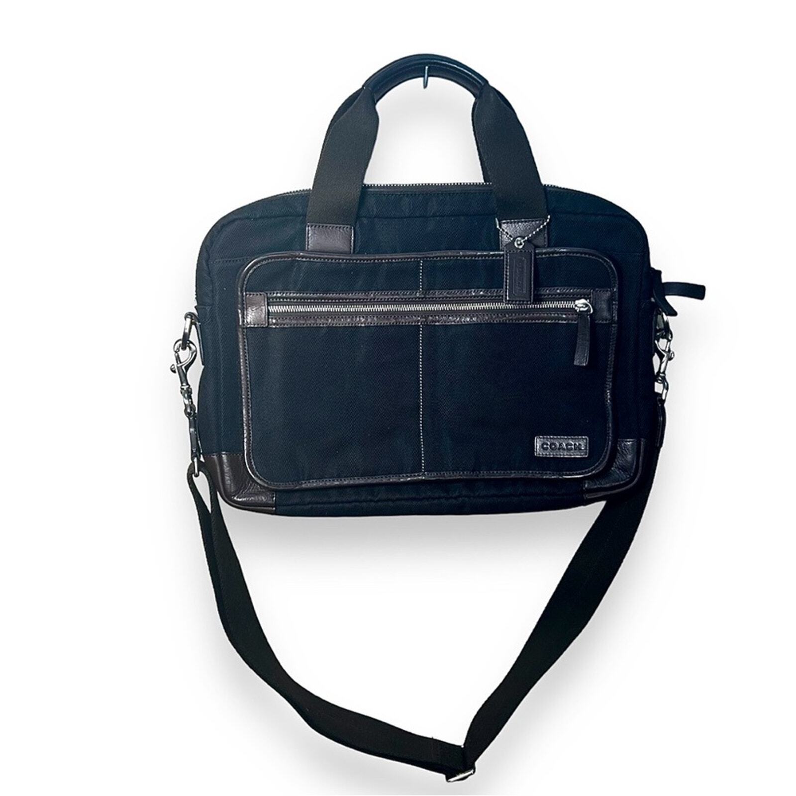 Coach Black Canvas Brown Leather Trim Zip Top Laptop Messenger Bag