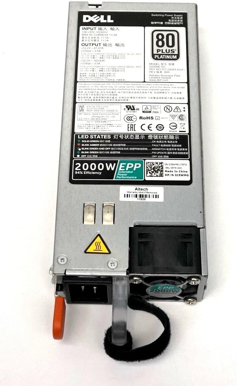 Dell J5WMG PE C4130 FX2 VRTX R740xd T640 C19 2000W 80+ Platinum AC Power Supply