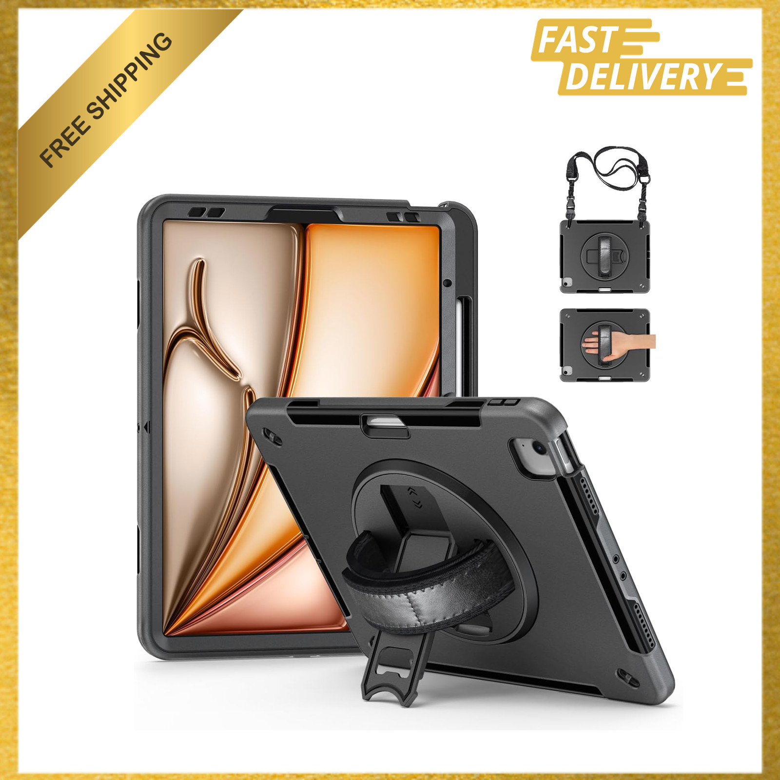 iPad Air 13-inch Case Shockproof Rugged with Hand Strap Rotating Kickstand