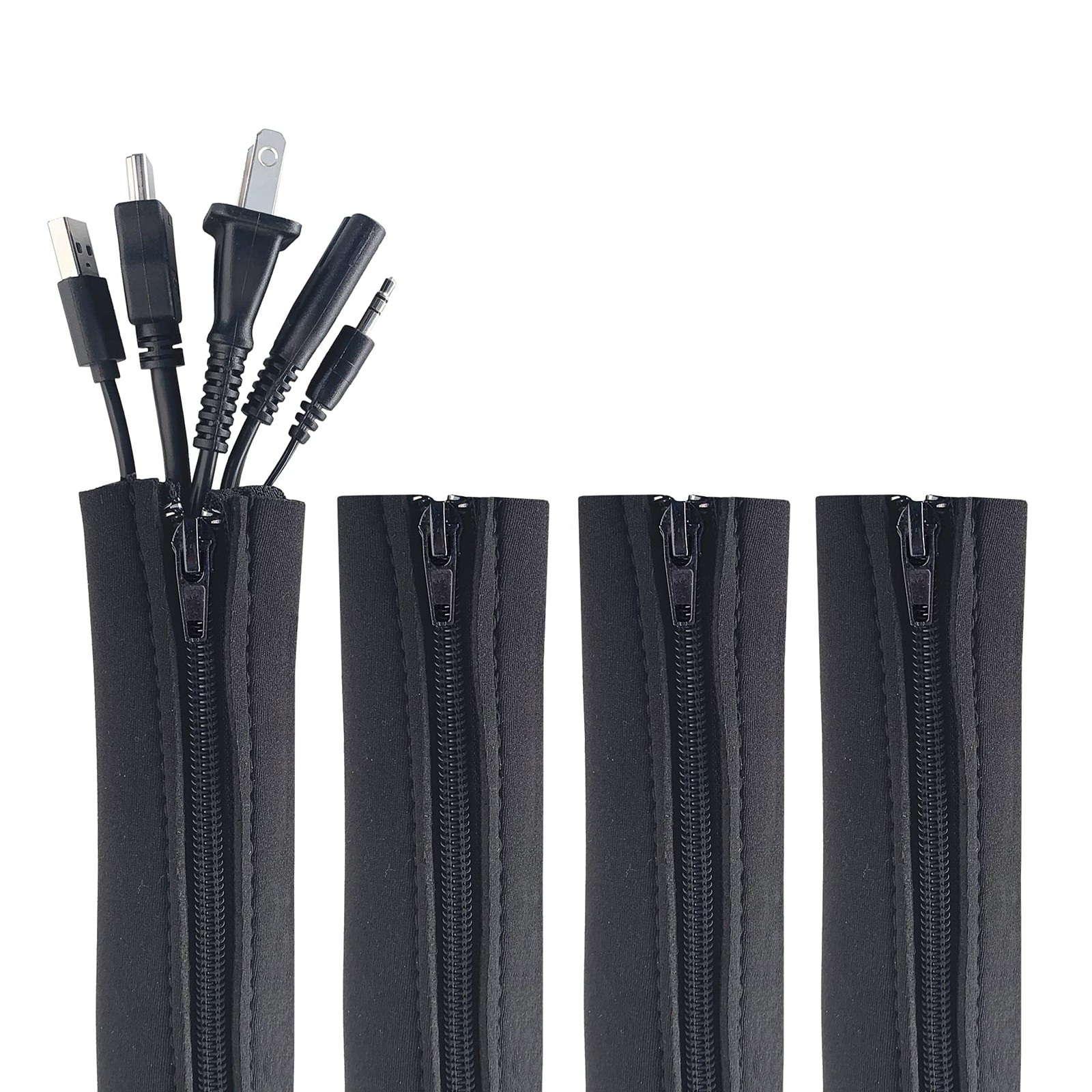 Zipper Cable Sleeve by - 24" x 4" 4-Pack Black - Cord Organizer and Cable Pro...