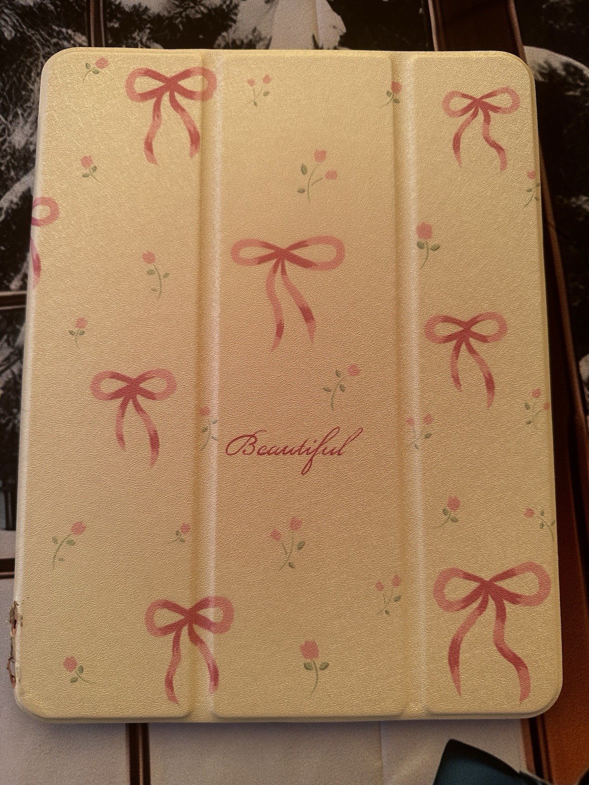 Pink Beige Floral Bow Folding Folio Case for iPad 10 Synthetic Leather Stand