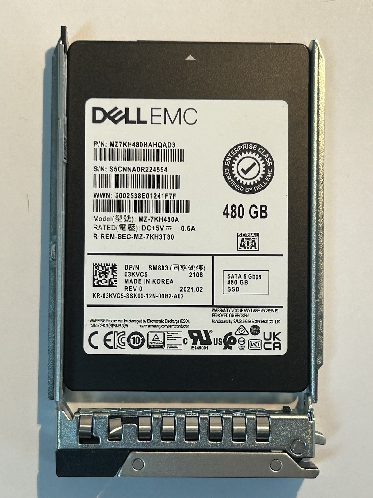 DELL 3KVC5480GB SATA 6Gbps MIXED USED 2.5in SSD 03KVC5 MZ-7KH480A w/ Gen14 Tray