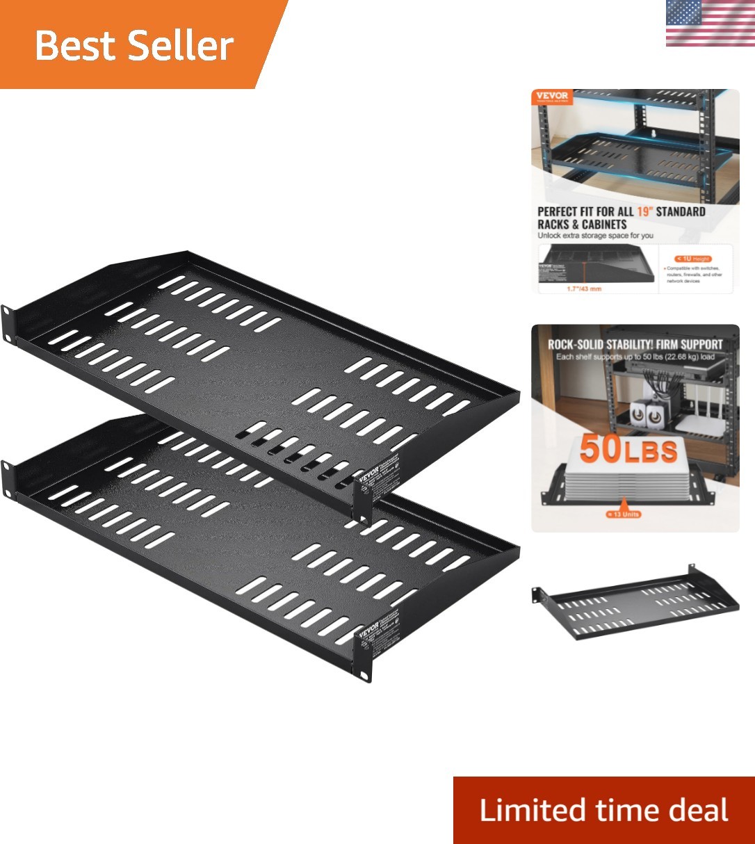 2PCS 1U Server Rack Shelf, Universal Vented Rack Mount Cantilever Tray for 19...